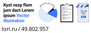 Pie chart with black and blue sections, checklist on clipboard with ticked boxes, smartphone with shopping cart and Buy button. Ideal for business analysis, e-commerce, mobile application, surveys. Mobile Shopping, Survey Completion, and Data Analytics with Pie Chart. Стоковая иллюстрация, агентство Ingram Publishing / Фотобанк Лори