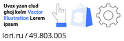 Hand cursor gear and shopping bag with placeholder text in a simplified graphic style. Ideal for online shopping tech support digital services and web design landing page. Clicking Hand Cursor Gear and Shopping Bag Graphic with Placeholder Text for Illustrative Web Use. Стоковая иллюстрация, агентство Ingram Publishing / Фотобанк Лори