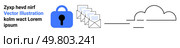 Blue padlock, line-drawn envelops leading to cloud symbol. Ideal for data security, cloud storage, email security, information transfer, online privacy, tech services, digital encryption. Banner. Data Security and Email Protection with Cloud Storage Connection Concept. Стоковая иллюстрация, агентство Ingram Publishing / Фотобанк Лори