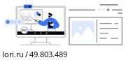 Business professional presenting charts and graphs on a computer screen during a video conference. Ideal for virtual meetings, webinars, online education, business analytics, remote work, digital. Online Business Presentation with Video Conferencing and Data Analytics. Стоковая иллюстрация, агентство Ingram Publishing / Фотобанк Лори