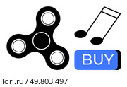 Fidget spinner, musical note, and blue BUY button highlight the themes of e-commerce, entertainment, and stress relief. Ideal for online shopping, retail, music, relaxation, hobbies, marketing. Fidget Spinner and Musical Note with Buy Button for E-commerce, Entertainment, and Stress Relief Themes. Стоковая иллюстрация, агентство Ingram Publishing / Фотобанк Лори