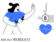 Individual with hand raised in defense. Blue heart with heartbeat symbol and Bitcoin circuit. Ideal for technology wellness finance digital stress cryptocurrency impact health. Line art style. Person Defending Against Bitcoin and Tech with Heart Health Symbol. Стоковая иллюстрация, агентство Ingram Publishing / Фотобанк Лори