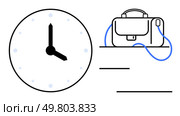 Clock with black hands showing 2 oclock next to a shoulder bag on a table, connected by a blue line. Ideal for time management, work schedules, workplace routines, office hours, productivity. Clock showing 2 o clock and a shoulder bag on a table, connected by blue line suggesting work-life balance. Стоковая иллюстрация, агентство Ingram Publishing / Фотобанк Лори
