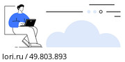 Individual sitting with laptop, interacting with cloud icon. Ideal for tech, cloud storage, remote work, online collaboration, digital security, virtual teams, internet accessibility. Line metaphor. Person Using Laptop for Cloud Computing, Emphasizing Digital Data Storage and Online Work. Стоковая иллюстрация, агентство Ingram Publishing / Фотобанк Лори