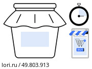 A jar of jam, a stopwatch, and a smartphone displaying an online shopping cart with a buy button Ideal for themes of online shopping, homemade goods, e-commerce, timely delivery, and digital. Online Shopping for Homemade Goods Including Jam Jars and Timely Delivery. Стоковая иллюстрация, агентство Ingram Publishing / Фотобанк Лори
