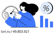 Woman pointing at speedometer gauge, analyzing performance metrics. Percent symbol and bar chart bars in background. Ideal for business analytics, productivity tracking, performance measurement, KPI. Woman analyzing performance metrics with a speedometer gauge and percent symbol. Стоковая иллюстрация, агентство Ingram Publishing / Фотобанк Лори
