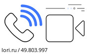 Phone receiver with blue wireless waves and video camera icon with digital signals. Ideal for communication, telecommunications, video calls, remote work, digital interactions, online meetings. Phone Receiver with wireless Waves and Video Camera Icon Representing Communication Methods. Стоковая иллюстрация, агентство Ingram Publishing / Фотобанк Лори