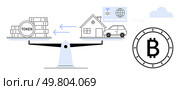 Scale balancing physical assets such as house and car against blockchain tokens. Symbol of Bitcoin nearby. Ideal for finance, cryptocurrency, blockchain, investment, asset management, digital. Blockchain token balancing physical assets like house and car with cryptocurrency for trade value. Стоковая иллюстрация, агентство Ingram Publishing / Фотобанк Лори