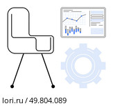 Office chair, gear icon, and data analysis chart with graphs and statistics. Ideal for business strategies, office setups, productivity tools, team collaboration, workflow management, data analysis. Office Chair, Gear Icon, and Data Analysis Chart Representing Office Productivity and Efficiency. Стоковая иллюстрация, агентство Ingram Publishing / Фотобанк Лори