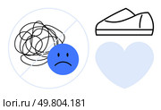 Blue sad face overlaying crossed-out scribbles, outlined shoe, and heart symbol. Ideal for mental well-being, emotional health, self-care messages, therapy, support services, stress management. Blue Sad Face with No Scribbles, Heart Shape, and Shoe Outline Representing Mental Health and Well-being. Стоковая иллюстрация, агентство Ingram Publishing / Фотобанк Лори