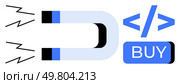 Magnet pulling a code tag and BUY button, symbolizing digital marketing attraction. Ideal for e-commerce, technology, digital marketing, consumer behavior, online shopping, advertising, web. Magnet attracting a code symbol and buy button, illustrating digital marketing conversion. Стоковая иллюстрация, агентство Ingram Publishing / Фотобанк Лори