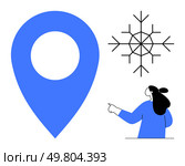 Large blue location pin, black snowflake, and person in blue sweater with black hair pointing. Ideal for weather apps, maps, navigation, seasonal themes, travel guides. Simple, clean, modern style. Blue Location Pin with Snowflake and Person Pointing in Minimalist Design. Стоковая иллюстрация, агентство Ingram Publishing / Фотобанк Лори