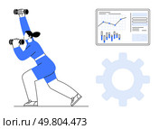 Female athlete lifting dumbbells, a data chart with graphs and metrics, and a gear icon. Ideal for fitness tracking, health monitoring, data analytics, exercise improvement, performance benchmarking. Female athlete lifting dumbbells next to data chart and gear icon, symbolizing fitness analytics and performance. Стоковая иллюстрация, агентство Ingram Publishing / Фотобанк Лори