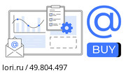 Email envelope with symbol, analytics chart with clipboard and checklist, gear icon, and e-commerce Buy button. Ideal for marketing, e-commerce, analytics, email campaigns, business strategy. Digital Marketing Elements Email, Analytics, and E-commerce Icon Featuring Buy Button. Стоковая иллюстрация, агентство Ingram Publishing / Фотобанк Лори
