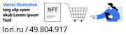 Digital scene with a person holding a tablet pointing towards a shopping cart and an NFT card. Ideal for e-commerce, NFTs, online shopping, digital transactions, and technology. Banner for landing. Digital Shopping Concept with NFTs and Online Transactions. Стоковая иллюстрация, агентство Ingram Publishing / Фотобанк Лори
