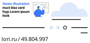 Man instructing with pen on screen, cloud symbol in background, text sections, various UI elements. Ideal for education, online learning, cloud storage, communication, content creation, virtual. Instructor Teaching Online Class with Cloud Backup and Communication Interface for E-learning. Стоковая иллюстрация, агентство Ingram Publishing / Фотобанк Лори