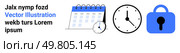 Calendar with a small clock icon, an analog clock, and a blue padlock symbolizing scheduling, timekeeping, and security. Ideal for productivity apps, scheduling tools, security interfaces, workflow. Calendar with Clock, Analog Clock, and Blue Padlock Icons Reflecting Time Management and Security Concepts. Стоковая иллюстрация, агентство Ingram Publishing / Фотобанк Лори