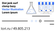 Laboratory flask with blue liquid, online shopping screen with clothes, and text elements in different fonts. Ideal for e-commerce, science, innovation, retail, laboratory, marketing, and graphic. Online Shopping and Scientific Experimentation in Modern E-commerce Platforms. Стоковая иллюстрация, агентство Ingram Publishing / Фотобанк Лори