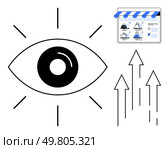 Eye symbol represents vision, with upwards arrows indicating growth. Webpage with analytics portrays online strategy. Ideal for business growth, marketing, vision, strategy, analytics, online. Visionary Business Strategy and Online Growth with Digital Marketing Insights. Стоковая иллюстрация, агентство Ingram Publishing / Фотобанк Лори