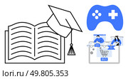 Open book with graduation cap, blue game controller, and shopping cart with laptop buyers. Ideal for educational apps, e-commerce, gaming platforms, digital learning, online courses, tech. Combining Education, Gaming, and Online Shopping into a Unified Experience. Стоковая иллюстрация, агентство Ingram Publishing / Фотобанк Лори