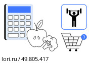 Calculator, apple, broccoli, gym icon, and shopping cart with notification. Ideal for fitness, diet planning, budgeting online shopping health apps grocery lists and wellness blogs. Line metaphor. Healthy Lifestyle Concept with Calculator, Apple, Broccoli, Gym Icon, and Shopping Cart. Стоковая иллюстрация, агентство Ingram Publishing / Фотобанк Лори