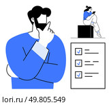 Man pondering with hand on chin, woman sitting on block using tablet, checklist with ticked boxes. Ideal for project management, task planning, productivity, teamwork, checklist workflow. Line. Two individuals planning and brainstorming tasks with checklist. Стоковая иллюстрация, агентство Ingram Publishing / Фотобанк Лори