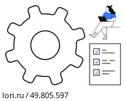 Gear represents process, woman analyzing checklist on laptop, tasks with checkmarks. Ideal for productivity, workflow management, business strategy, task prioritization, project planning, efficiency. Woman with Laptop Analyzing Checklist Near a Giant Gear, Symbolizing Work Process Optimization. Стоковая иллюстрация, агентство Ingram Publishing / Фотобанк Лори