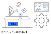 Open box labeled FREE releases icons for settings, world, heart, favorites, play, and shopping cart. Gear symbol and data analysis chart with graphs. Ideal for technology, business solutions. Open Box with Free Digital Icons and Data Analysis Chart Representing Technology and Business Growth. Стоковая иллюстрация, агентство Ingram Publishing / Фотобанк Лори