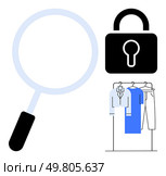 Magnifying glass beside padlock and business attire on clothing rack. Ideal for security, privacy, investigation, transparency, business analysis, professionalism, retail industries. Line metaphor. Magnifying Glass and Padlock Concept with Business Attire Representing Security and Transparency. Стоковая иллюстрация, агентство Ingram Publishing / Фотобанк Лори