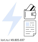 Lightning bolt alongside wallet with a credit card and document with text. Ideal for financial payments, online shopping, banking, service bills, energy costs, budgeting, and fintech themes. Line. Lightning Bolt, Wallet with Credit Card, and Document Illustrating Financial Transactions and Energy. Стоковая иллюстрация, агентство Ingram Publishing / Фотобанк Лори