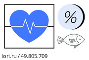 Heartbeat symbol with electrocardiogram line, percentage sign, and fish. Ideal for health, nutrition, medical research, fitness, diet, wellness programs, environmental statistics. Line metaphor. Heartbeat Monitor, Percentage Sign, and Fish Health and Nutrition Concepts Visual Representation. Стоковая иллюстрация, агентство Ingram Publishing / Фотобанк Лори