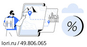 Explorer pointing at tablet showing routes to mountains and castles, indicating landmarks with location pins. Cloud icon and percentage symbol nearby. Ideal for travel guides, navigation, adventure. Explorer with Backpack Using Tablet Map for Navigating Routes to Mountains and Castles, with Cloud and Percentage Symbol. Стоковая иллюстрация, агентство Ingram Publishing / Фотобанк Лори