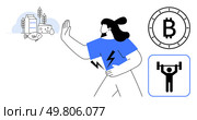 Woman with a hand out rejecting unhealthy foods while holding her stomach in pain, technology Bitcoin symbol , and fitness weightlifting icons. Ideal for health, fitness, diet, digital currency. Woman rejecting unhealthy foods with hands while holding stomach, surrounded by technology and fitness icons. Стоковая иллюстрация, агентство Ingram Publishing / Фотобанк Лори