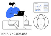 Woman sits on stack of books using laptop while analyzing data chart on screen, symbolizing online education. Ideal for eLearning, remote work, data analysis, global studies, technology integration. Student Learning Online Using Laptop with Data Chart and Globe Symbolizing Global Education. Стоковая иллюстрация, агентство Ingram Publishing / Фотобанк Лори