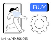 Woman walking out of smartphone screen suggesting ease of e-commerce, prominent blue BUY button, gear icon indicating settings or configuration. Ideal for online shopping, technology services. Woman walking out of smartphone screen, blue BUY button, and gear icon representing online shopping setup. Стоковая иллюстрация, агентство Ingram Publishing / Фотобанк Лори