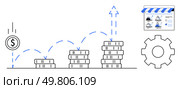 Stack of coins increasing in height, bouncing arrow, online store interface, gear icon. Ideal for business growth, investment strategies, financial planning, e-commerce development, startup success. Business Growth Strategy with Financial Investment and E-Commerce Development. Стоковая иллюстрация, агентство Ingram Publishing / Фотобанк Лори