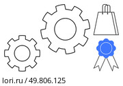 Two interlocking gears, a blue ribbon, and a shopping bag. Ideal for business operations, quality assurance, manufacturing, retail, awards process improvement and productivity themes. Line metaphor. Blue Ribbon, Shopping Bag, and Gears Symbolizing Quality and Productivity in Commerce. Стоковая иллюстрация, агентство Ingram Publishing / Фотобанк Лори