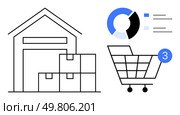 Warehouse with boxes, shopping cart with notification icon, pie chart and bar lines. Ideal for e-commerce, inventory management, logistics, online retail, supply chain, order fulfillment data. Online shopping concept with warehouse and shopping cart with notification symbol representing busy orders. Стоковая иллюстрация, агентство Ingram Publishing / Фотобанк Лори