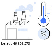 Factory with twin smoke stacks, emitting smoke clouds. Temperature and humidity icons beside factory. Ideal for environmental awareness, climate change discussions, industry impact, pollution. Factory with Smoke Stacks Emitting Smoke Beside Temperature and Humidity Indicators. Стоковая иллюстрация, агентство Ingram Publishing / Фотобанк Лори