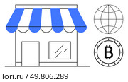 Small storefront with blue-striped awning, window, door, a globe symbol, and a Bitcoin icon. Ideal for e-commerce, retail, finance, cryptocurrency, startups, global business, and online payments. Small storefront with striped awning, crypto coin, and globe representing cryptocurrency adoption. Стоковая иллюстрация, агентство Ingram Publishing / Фотобанк Лори