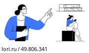 Teacher pointing at a bookshelf. Student reading on a tablet sitting on a cube. Ideal for education, online learning, self-study, instruction, tutoring, reading knowledge sharing. Line metaphor. Teacher pointing at books while student reads on a tablet, representing education and self-study concepts. Стоковая иллюстрация, агентство Ingram Publishing / Фотобанк Лори