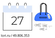 Calendar marked with date 27, adjacent blue handbag labeled with price tag, and three DDoS attack icons. Ideal for eCommerce security, cyber vulnerability, fintech awareness, deadline reminders. Calendar Date 27 with Blue Handbag and DDoS Attack Icons Representing Cybersecurity Threats. Стоковая иллюстрация, агентство Ingram Publishing / Фотобанк Лори