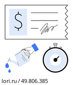 Check with dollar sign, individual pouring liquid from can, clock with hands. Ideal for financial management, budgeting, investment strategies, time management, savings growth, fiscal planning. Financial Planning Concepts with Payment, Investment, and Time Management Elements. Стоковая иллюстрация, агентство Ingram Publishing / Фотобанк Лори