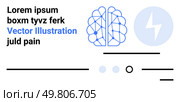 Brain illustration, light blue power symbol, black text elements, minimal lines, abstract style, modern design, white background. Ideal for technology, AI, neuroscience, modern design, creativity. Abstract Brain and Power Symbol with Text Elements on Minimalistic Design. Стоковая иллюстрация, агентство Ingram Publishing / Фотобанк Лори