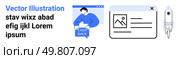 Man holding cashback sign, image uploading in a browser window, rocket symbol. Ideal for e-commerce, promotions, finance, tech startups, blog posts, digital marketing, business presentations. Landing. Cashback Offer with Image Uploading and Rocket Symbol in Blue and White Design. Стоковая иллюстрация, агентство Ingram Publishing / Фотобанк Лори