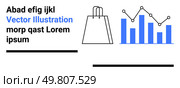 Shopping bag icon next to a bar chart with data points connected by lines. Ideal for e-commerce, business analytics, retail sales, market research, financial forecasting, online shopping, data. E-commerce Metrics and Shopping Bag with Bar Graph and Market Analysis Indications. Стоковая иллюстрация, агентство Ingram Publishing / Фотобанк Лори