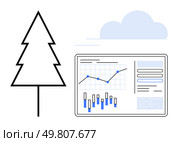 Tree outline beside data analytics dashboard displaying graphs and charts with cloud in background. Ideal for sustainability, environment, data analysis, climate change, conservation, renewable. Environmental data analytics dashboard with tree and cloud representing nature conservation efforts. Стоковая иллюстрация, агентство Ingram Publishing / Фотобанк Лори