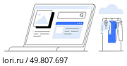 Laptop screen showing shopping interface, photo preview, search bar adjacent clothing rack with shirts. Ideal for e-commerce, online shopping, fashion, technology, retail, digital marketing user. Online shopping platform displaying products and clothing rack with shirts, emphasizing e-commerce innovation. Стоковая иллюстрация, агентство Ingram Publishing / Фотобанк Лори