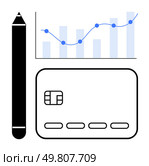 Graph with trendline and bar chart, credit card, and pencil. Ideal for finance, banking, business planning, investment, data analysis personal finance educational tools. Line metaphor. Analyzing Financial Growth with Graph, Credit Card, and Pencil for Business Strategy Development. Стоковая иллюстрация, агентство Ingram Publishing / Фотобанк Лори