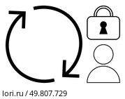 Circular arrows indicating a cycle next to a lock symbolizing security and a user icon. Ideal for cybersecurity, user privacy, data protection, secure login, software updates, access control. Data Security and User Privacy Concept Illustrated with Circular Arrows, Lock, and User Icon. Стоковая иллюстрация, агентство Ingram Publishing / Фотобанк Лори